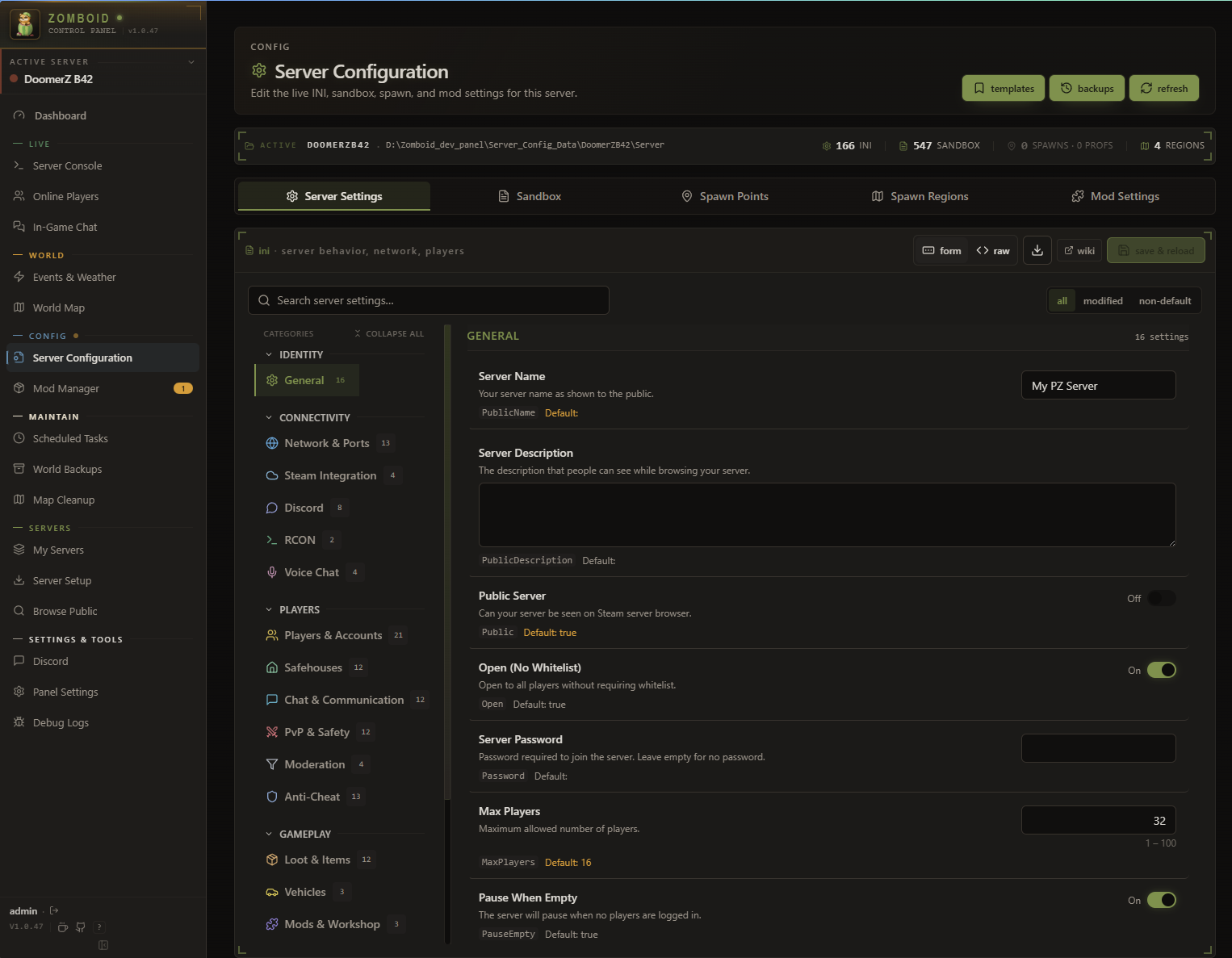 The server configuration editor.