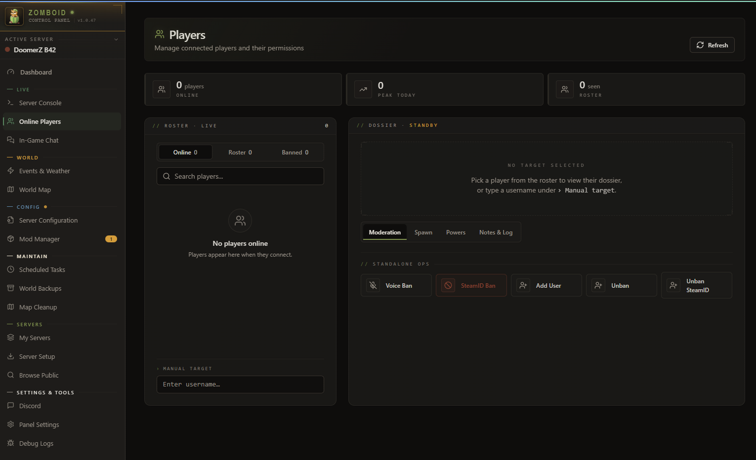 Players: list, record and moderation.
