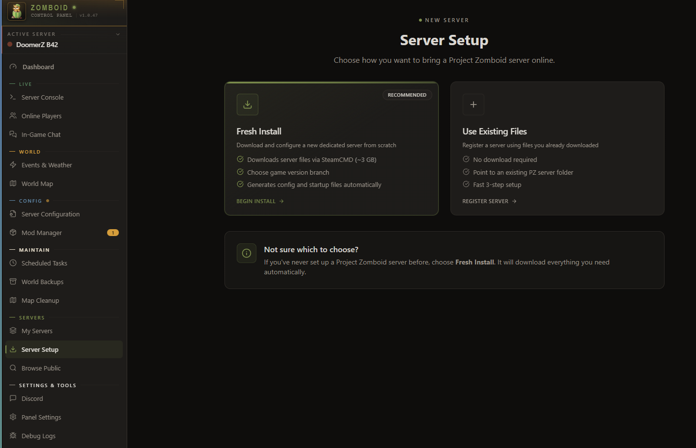 The new server setup wizard.